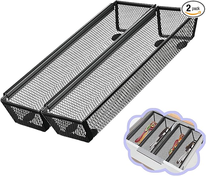 2PCS Drawer Organizer for Kitchen,Utensil Mesh Drawer Organizer with Interlocking Arm for Cosmetic,Flatware,Pen (12 * 3 * 2 Inches,Black)