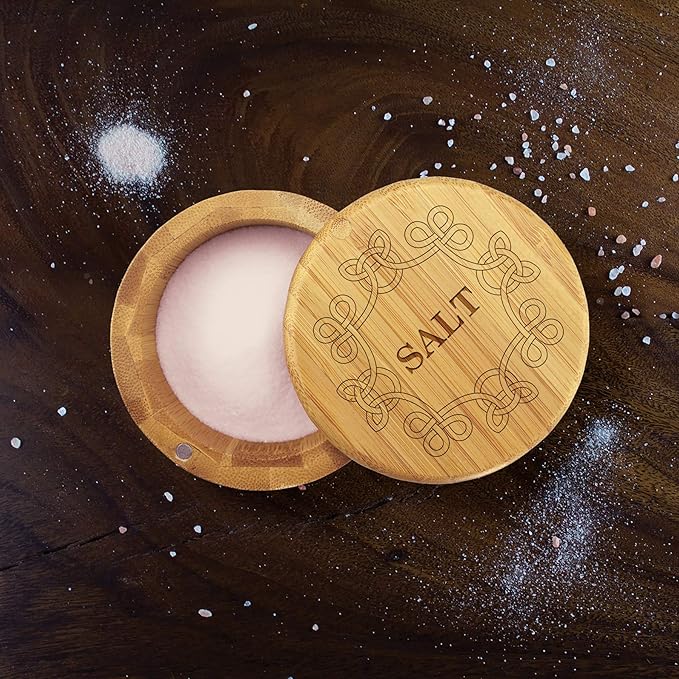 Totally Bamboo Salt Cellar Bamboo Storage Box with Magnetic Swivel Lid, 6 Ounce Capacity, Celtic Knot Engraved on Lid