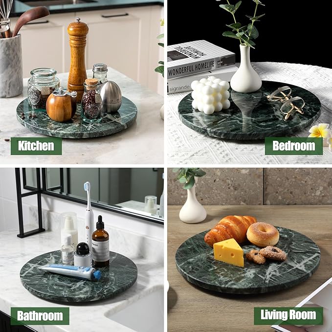 12" Marble Lazy Susan Turntable - 100% Natural Stone Round Serving Tray with Silent Spinning, Revolving Cake Stand & Cheese Board for Kitchen Countertop, Cupcake Table Display, Food, Seasoning (Green)
