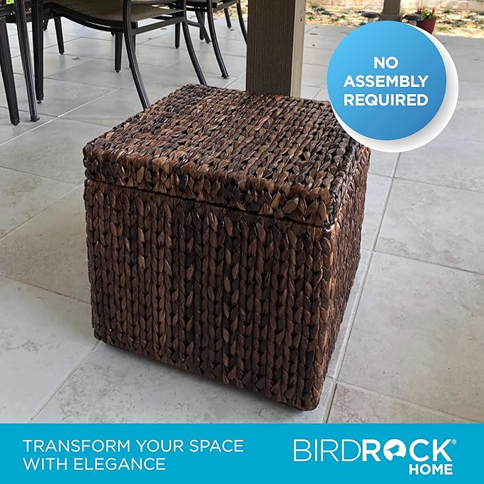 BIRDROCK HOME Storage Cube Box with Lid - Brown Wash Seagrass - Large Hand Woven Floor Container for Blankets Pillows - Sturdy Metal Frame