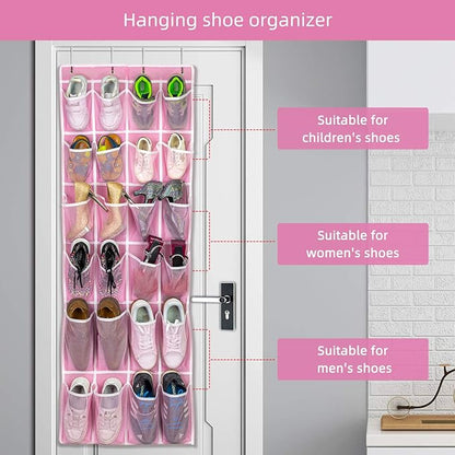 SAVERHO 2 Pack Hanging Shoe Organizer，Over Door Shoe Organizer with 24 Mesh Large Pockets Shoe Storage Bag for Sport Shoes Size:58x21 Inch Hanging Door Shoe Rack Organizer (Pink-2pack)