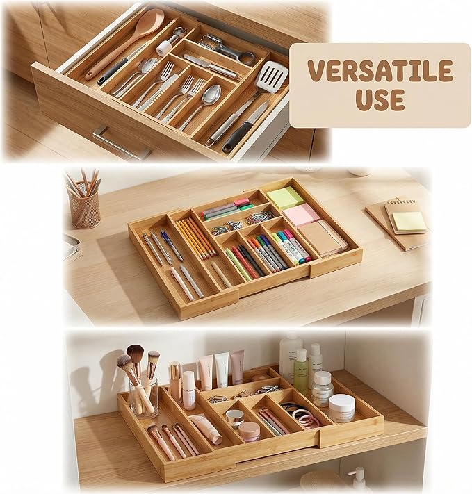 Bamboo Drawer Organizer - Expandable Kitchen Utensil Holder, Adjustable Silverware Drawer Organization, Kitchen Wooden Tray for Cutlery, Flatware & Stationery, 6-8 Slots (Natural)