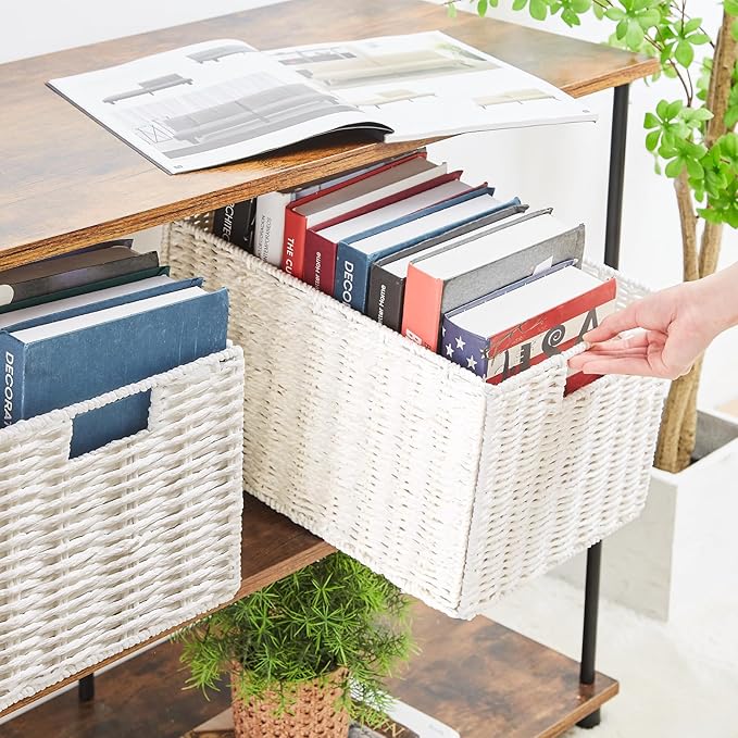 Vagusicc Wicker Storage Basket, Set of 2 Hand-Woven Paper Rope Wicker Basket, Small Storage Baskets for Organizing Toilet Paper Basket, Foldable Large Cube Storage Organizer Bins for Shelves (White)