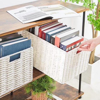 Vagusicc Wicker Storage Basket, Set of 2 Hand-Woven Paper Rope Wicker Basket, Small Storage Baskets for Organizing Toilet Paper Basket, Foldable Large Cube Storage Organizer Bins for Shelves (White)