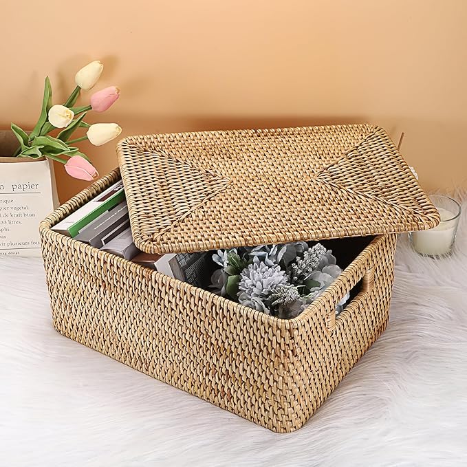 Hipiwe Rattan Basket With Lid Rectangular Lidded Basket Natural Hand-Woven Wicker Storage Basket Bin for Shelf Organizing Picnic Food Bread Table Storage Basket, 15.1 x 11.2 x 7.3 inch