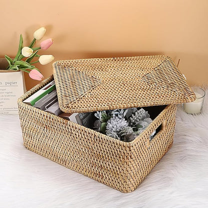 Hipiwe Rattan Basket With Lid Rectangular Lidded Basket Natural Hand-Woven Wicker Storage Basket Bin for Shelf Organizing Picnic Food Bread Table Storage Basket, 15.1 x 11.2 x 7.3 inch
