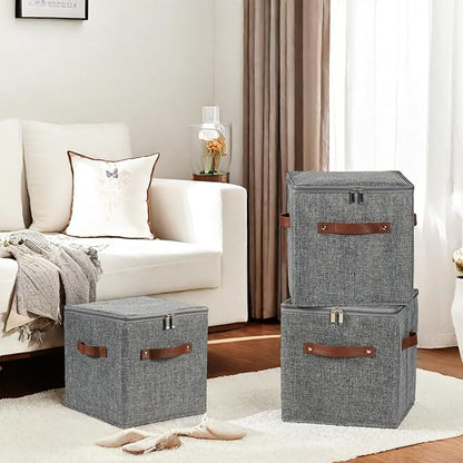 2PCS Storage Cubes with Lid Fabric Storage Bins Boxes PU Leather Handles Cotton Linen Closet Organizer Container Decorative Foldable Washable Shelf Cloth Basket (Zipper Lid, Gray, 11in)