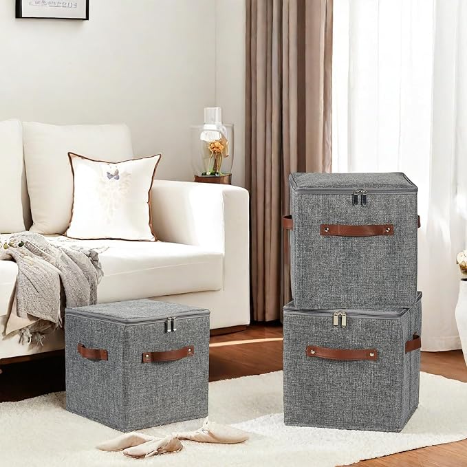 4PCS Storage Cubes with Lid Fabric Storage Bins Boxes PU Leather Handles Cotton Linen Closet Organizer Container Decorative Foldable Washable Shelf Cloth Basket (Zipper Lid, Gray, 11in)