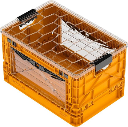 SIDIO Full-Size Collapsible Crate - Heavy Duty Stackable Storage Bin with Lid & 2 Short-Ways Dividers, Durable Plastic Organizer for Home, Office, Garage & Outdoor Use (Sol)