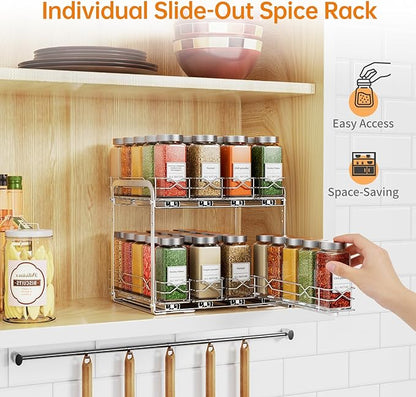 Pull Out Spice Rack Organizer for Cabinet, 2 Tier Individual Slide Drawer, Chrome Cabinet Spice Organizer, Fits 4oz Spice Jars(Max Diameter 2.0in), Height Adjustable Spice Rack,2 Installation Methods