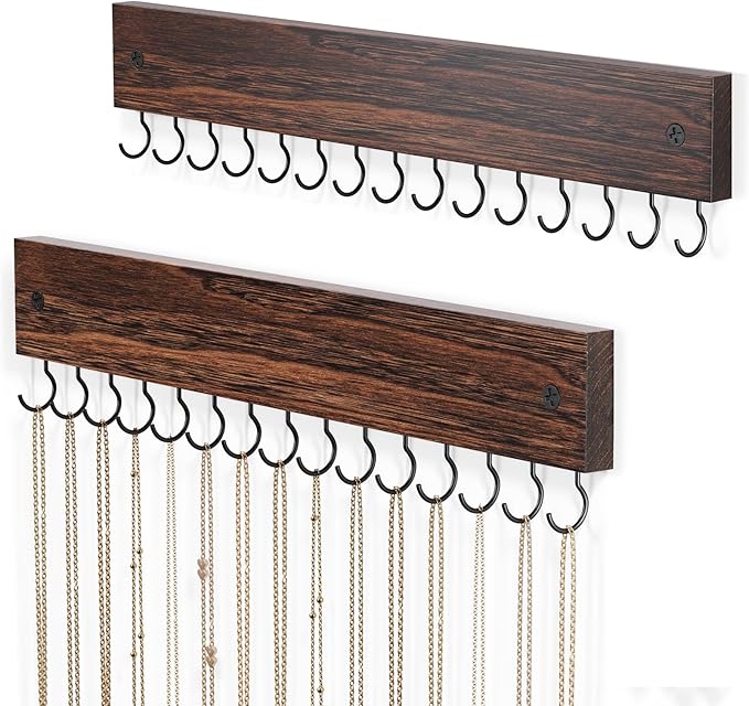 Lolalet Wooden Necklace Holder for Wall with 15 Hooks, Necklaces Hanger Easy Install Wall Mount Necklace Organizer, Jewelry Hangers for Chains, Bracelets, Earrings -2 Set, Brown