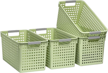 Soddeph Slim Plastic Storage Basket with Handles, Narrow Organizer box for Shelves, Organizer box for Organizing, Kitchen,Home,Office (Green, Large)