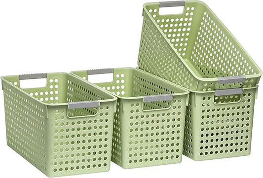 Soddeph Slim Plastic Storage Basket with Handles, Narrow Organizer box for Shelves, Organizer box for Organizing, Kitchen,Home,Office (Green, Large)