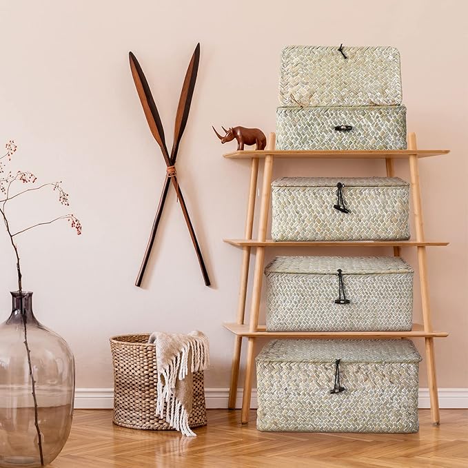 Woanger Set of 4 Wicker Baskets with Lids, Nautral Seagrass Storage Baskets, Woven Rectangular Basket Bins, Rattan Storage Organizer for Shelf Closet Bedroom(White)