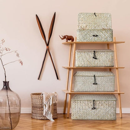 Woanger Set of 4 Wicker Baskets with Lids, Nautral Seagrass Storage Baskets, Woven Rectangular Basket Bins, Rattan Storage Organizer for Shelf Closet Bedroom(White)