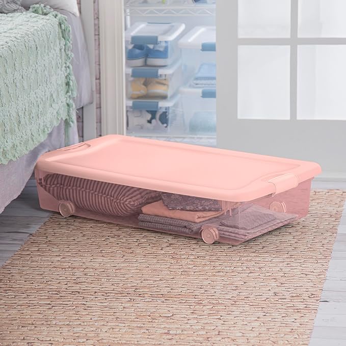 Sterilite 4-Pack 56 Quart Wheeled Latching Box, Underbed Plastic Storage Organizer, Pearl Blush Tint - Under Bed Rolling Container Bin with Lid and Wheels for Home or Dorm Bedrooms and Closets