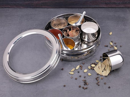 Stainless Steel Belly Shape Spice Box | Masala Dabba | Multipurpose Container/Organizer with See Through Lid with 7 Containers and Small Spoon/Medium