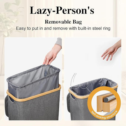 Foluck Slim Laundry Hamper, 60L Waterproof Narrow Laundry Basket with Lid and Removable Bag, Collapsible Tall Clothes Hamper with Bamboo Handles for Clothes Toys in Dorm Bedroom Bathroom, Grey