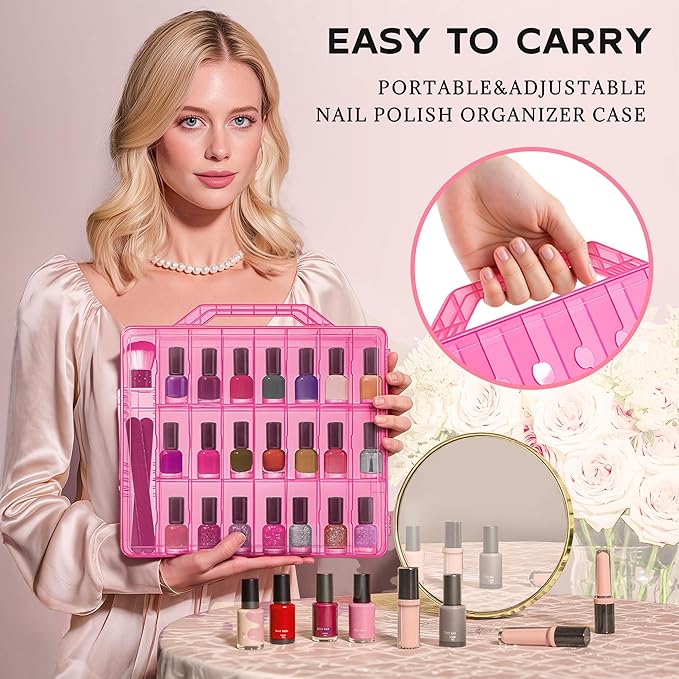 DreamGenius Nail Polish Organizer Case for 48 Bottles with 2 Nail Separators, Double Side Gel Nail Polish Holder with Adjustable Dividers, Pink