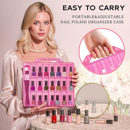 DreamGenius Nail Polish Organizer Case for 48 Bottles with 2 Nail Separators, Double Side Gel Nail Polish Holder with Adjustable Dividers, Pink