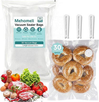 Mehomeli Reusable Vacuum Sealer Bags for Food – 30 BPA-Free Large (11.8 x 13.4in) Food Storage Bags, Freezer Microwave Safe, Odor-Resistant, Leak-Proof – Compatible with Handheld Vacuum Sealers