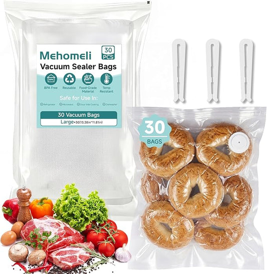 Mehomeli Reusable Vacuum Sealer Bags for Food – 30 BPA-Free Large (11.8 x 13.4in) Food Storage Bags, Freezer Microwave Safe, Odor-Resistant, Leak-Proof – Compatible with Handheld Vacuum Sealers