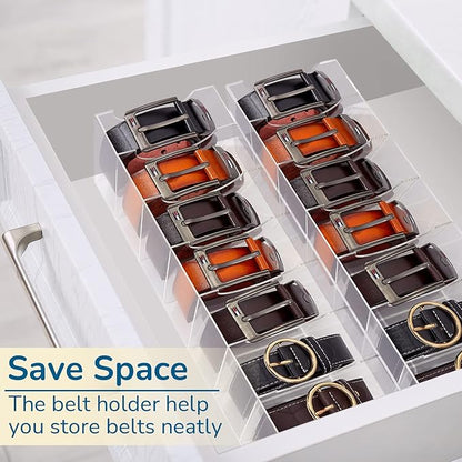 Juexica 2 Pcs Belt Organizer,14 Compartments 15.6in Belt Holder Storage Box,Thick Acrylic Belts Organizer,Clear Display Case for Closet and Bow Tie