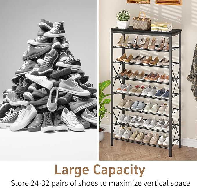 8 Tier Shoe Rack for Closet, Tall Shoe Storage for 32 Pairs, Adjustable Shoe Organizer for Front Door Entrance Bedroom Garage, Black