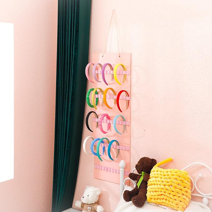 Tudomro Hanging Headband Holder for Girls Felt Hair Accessories Organizer with 60 Elastic Bands Bow Hanger for Girls Hair Bows Without Headbands(Pink,Plain Style)