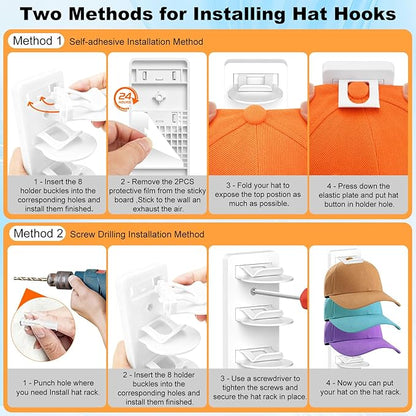 2 Pack Hat Organizer for Baseball Caps, Hat Rack for Wall, Strong Adhesive & Screw-in Cap Holder hat hangers for Closet Door & Bedroom