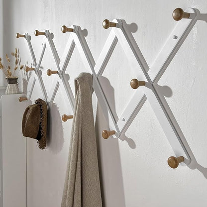 SKOLOO Large Hat Rack for Wall, Wooden Accordion Wall Hanger, Modern, Expandable Coat Hooks, Hat Display Rack for Home, Office, and Studio, 14 Peg, Natural & White