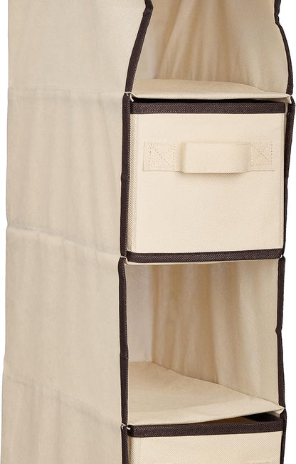 Relaxdays Wardrobe Hanging Shelf, 7 Compartments, Fabric, 106 x 16.5 x 31 cm, 2 Drawers, Clothes Organiser, Beige