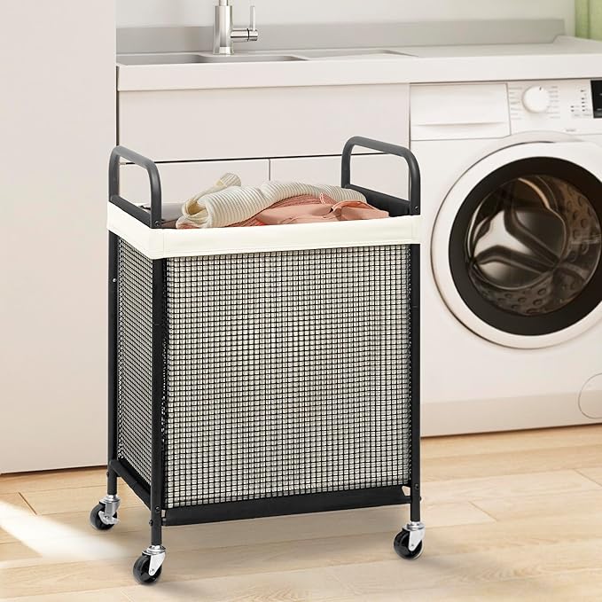 STORAGE MANIAC Rolling Laundry Hamper with Wheels 1-Section Laundry Sorter Rolling Laundrys Basket on Wheels with Removable Bag Clothes Hamper Laundrys Organizer Cart Bathroom Bedroom 90L Beige