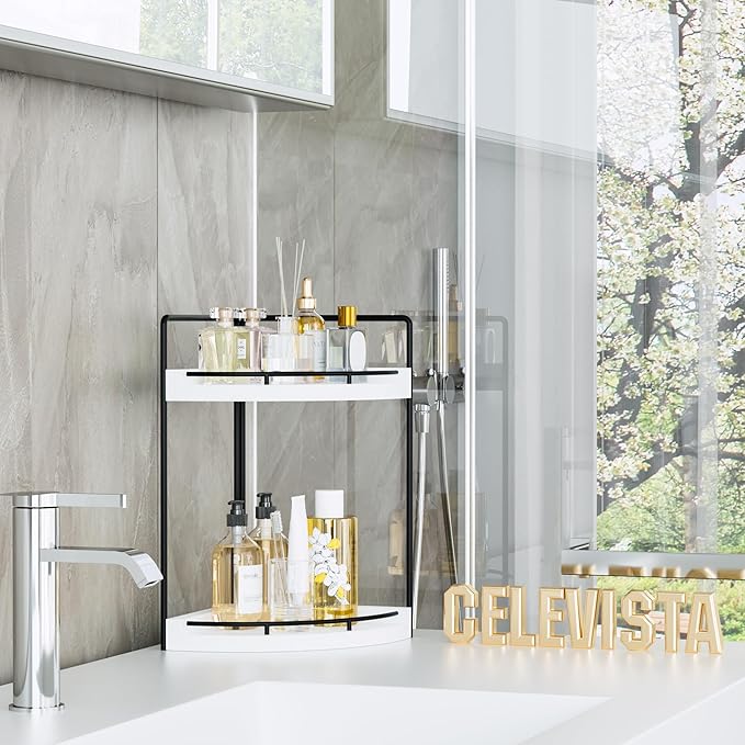 Corner Bathroom Counter Organizer, 2 Tier Wood Vanity Storage, Waterproof Skincare Shelf for Kitchen & Toiletries Decor, Dresser (White-2 Tier)