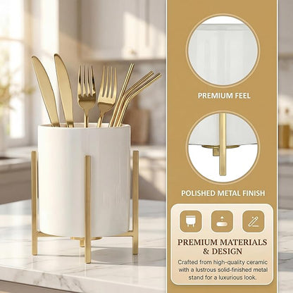 Ceramic Spoon Holder, Silverware Holder For Countertop, Sturdy Cutlery Holder, Gold Utensil Holder for Kitchen Countertop, White Ceramic Cup with Gold Metal Bracket, 1 Pcs