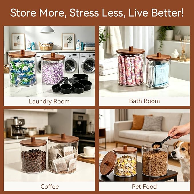 Amolliar Laundry Pods Storage Container, Clear Laundry Room Organization, 2 Pack Large Detergent Container with Dark Wood Lid & 27 Labels for Bathroom Organizer (0.6+0.4 Gal)