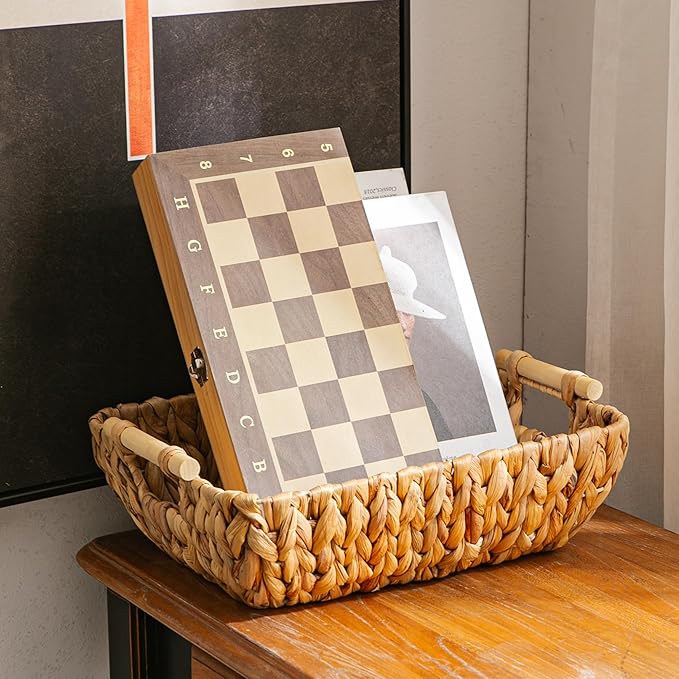 Mowtanco Woven Storage Baskets – Set of 3 Handwoven Water Hyacinth Wicker Baskets with Wooden Handles for Organizing, Decorative Baskets for Laundry Room, Home Decor - Large, Medium & Small