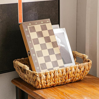 Mowtanco Woven Storage Baskets – Set of 3 Handwoven Water Hyacinth Wicker Baskets with Wooden Handles for Organizing, Decorative Baskets for Laundry Room, Home Decor - Large, Medium & Small