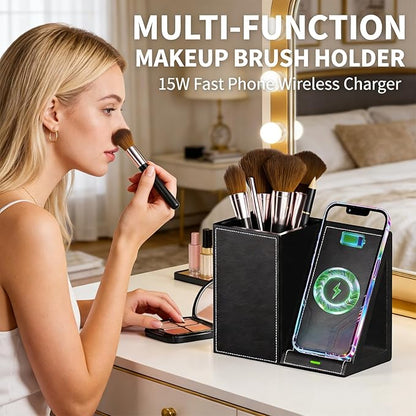 LADSTAG Leather Makeup Brush Holder Organizer with Phone Charging Stand, Makeup Organizers Countertop, Makeup Organization and Skincare Storage for Vanity, Desktop, Bathroom