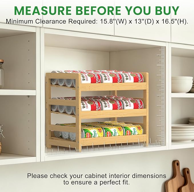 Bamboo Rolling Can Organizer for Pantry, Stackable 3 Tier Canned Food Storage Rack for Kitchen Can Storage Organizer Set with Can Opener & Hooks for Cabinet & Countertop, Holds up to 36 Cans