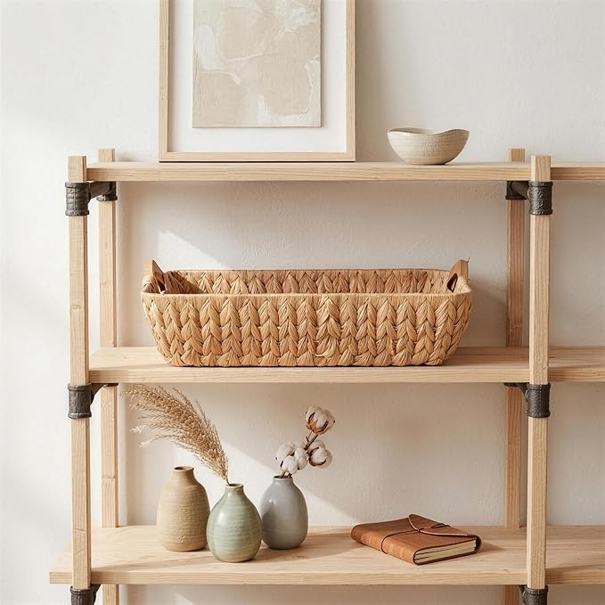 Water Hyacinth Wicker Storage Basket, Handwoven Rectangular Basket with Wooden Handles, Home Organization Decor Basket, Ideal Gift for Women