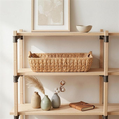 Water Hyacinth Wicker Storage Basket, Handwoven Rectangular Basket with Wooden Handles, Home Organization Decor Basket, Ideal Gift for Women
