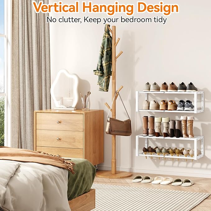 IBUYKE 2 Pack Wall Mounted Shoe Rack, 16"-29” Expandable Hanging Shoe Organizer for 12-16 Pairs, Space Saving Metal Wall Shoe Storage for Entryway Closet, White TXJ001W-2
