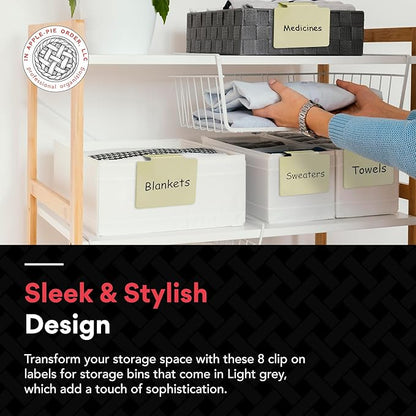 Labels for Storage Bins | Metal Storage Bin Clips (2.5” x 3.5”) - Set of 8 Basket Clip On Tags for Storage Bins w/Non-Slip Grip Pads & Dry Erase Marker - Removable Bin Labels for Storage Baskets