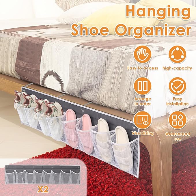 2 Pack Bedside Hanging Shoe Organizers, 8 Large Mesh Pockets with 4 Hooks Shoes Boots Organizer, RV Shoe Storage Pockets Space Saving, Closet Organizers for Caravan Bathroom Bedroom Closet