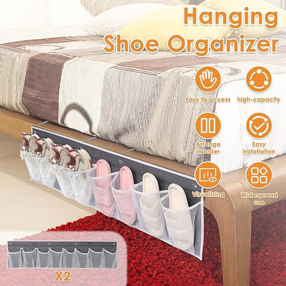 2 Pack Bedside Hanging Shoe Organizers, 8 Large Mesh Pockets with 4 Hooks Shoes Boots Organizer, RV Shoe Storage Pockets Space Saving, Closet Organizers for Caravan Bathroom Bedroom Closet