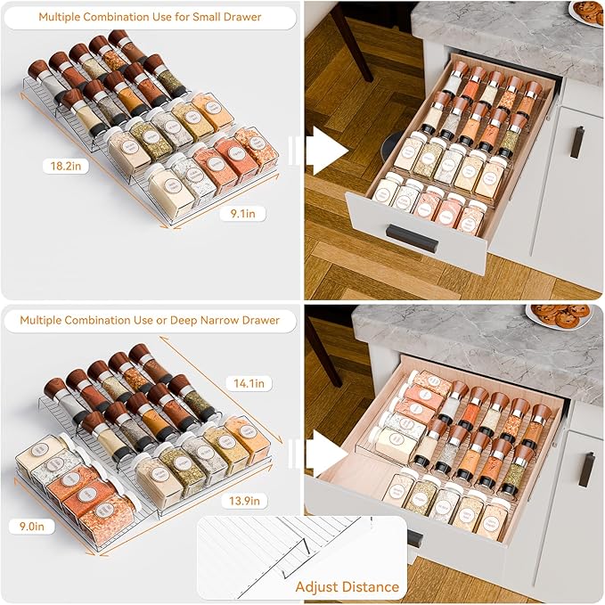 Yieach 8 Pack Adjustable Narrow In Drawer Spice Organizer - Expandable From 9'' to 17.7'' - Acrylic Drawer Seasoning Organizer,Clear Spice Drawer Insert Tray for Drawers Condiment,Jar Organization