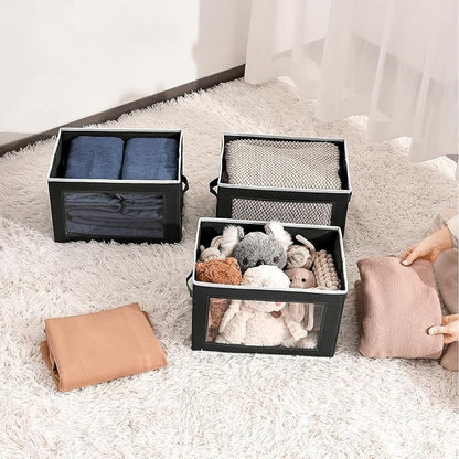 Homsorout Storage Boxes with Lids, Collapsible Storage Bins with Handles, Closet Storage Baskets with Window, Fabric Storage Containers for Organizing Clothes, Towels, Books, 3 Packs, Black