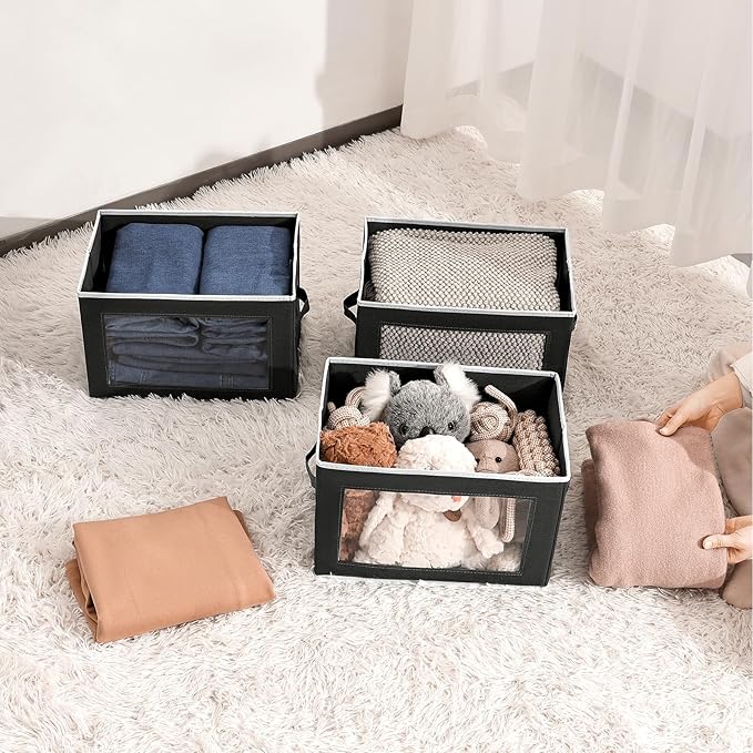 Homsorout Stackable Storage Bins with Lids - Medium Storage Box with Lids, Foldable Closet Boxes for Organizing, Wardrobe Clothes Organizer with Window, Cubes Bins for Living Room, 5 Pack, Black