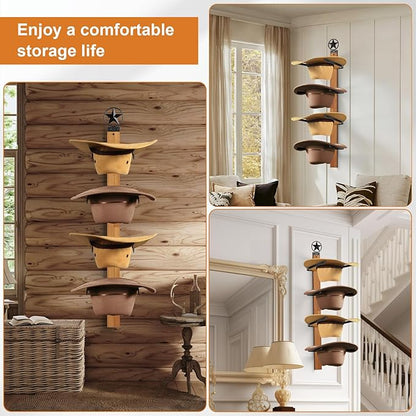 Cowboy Hat Rack, 4-Piece Western Hat Rack For Wall with Natural Wooden Board, Gift Cowboy Hat Holder for Wall Décor Keeps Original Shape of Hat